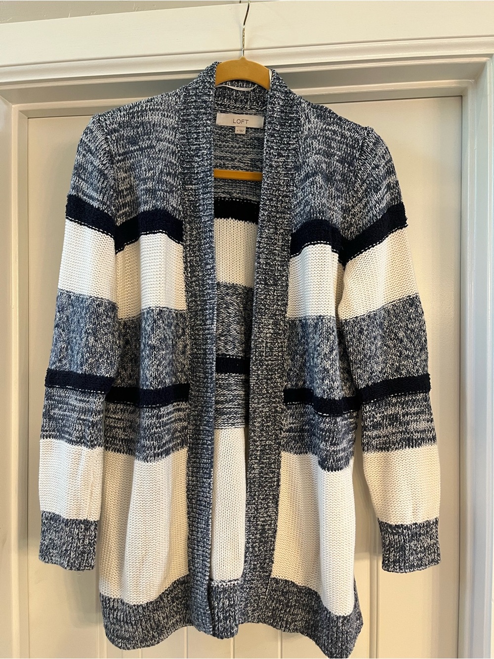 LOFT Navy and White Striped Open-Front Cardigan